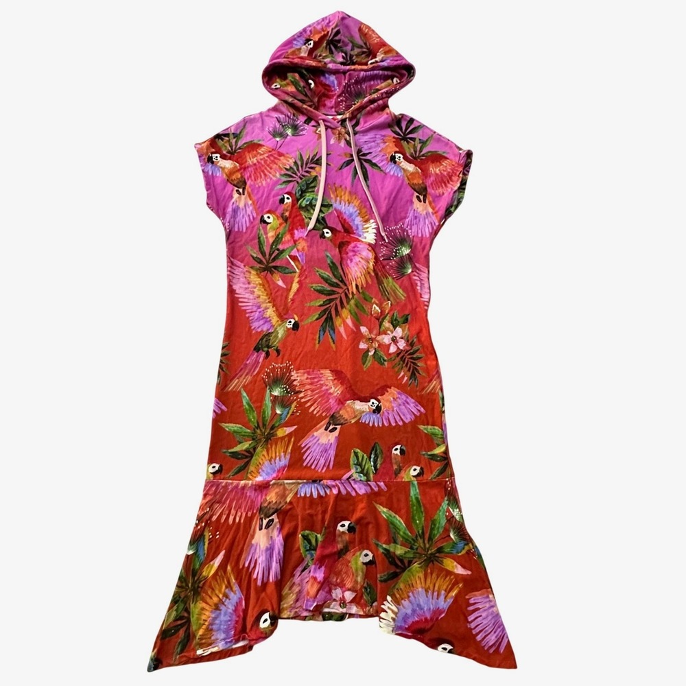 Farm Rio Hooded Sweatshirt Tunic Dress Macaw Small Tropical Boho Cozy Maximalist - Picture 1 of 10
